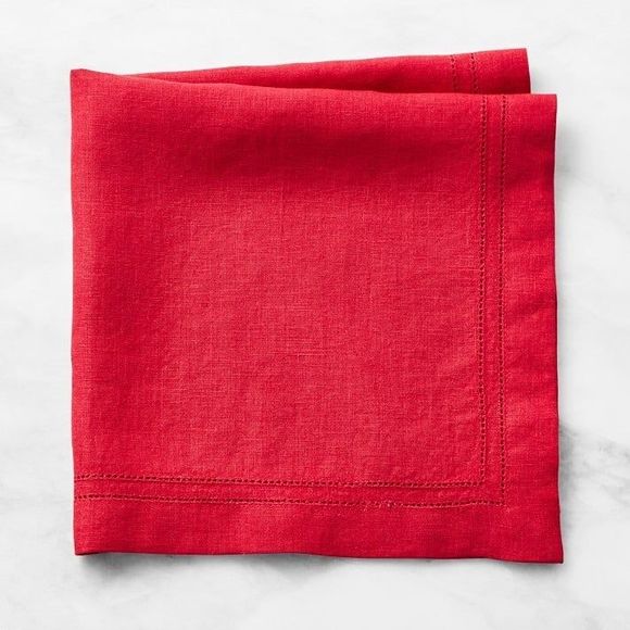 Williams Sonoma Red 100% Linen Hemstitch Rectangle Tablecloth 4 Napkins 70x90" - Picture 5 of 9